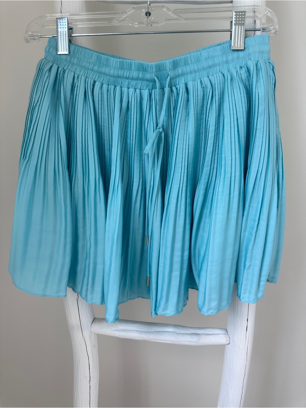 Mustard Seed Pleated Drawstring Mini Skirt with Built in Shorts- Aqua Blue Sz S